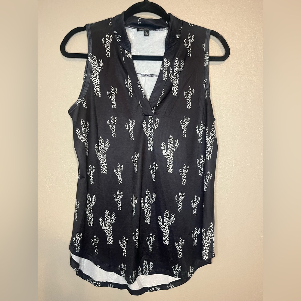 Black Sleeveless Top with Cactus Print